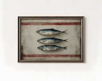 Vintage Three Sardines Painting Still Life, Coastal Kitchen Wall Art, PRINTABLE Digital Art Download
