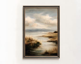 Rustic Coastal Landscape Oil Painting, Moody Seascape Wall Art, PRINTABLE Digital Art Download