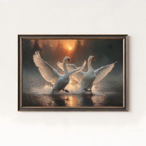 May include: Framed artwork featuring two white swans with outstretched wings, creating a splash in the water. The background shows a sunset with a warm, golden glow, and a dark forest.