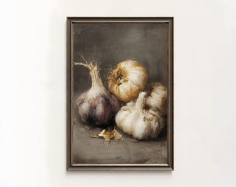 Pintura a óleo vintage de natureza morta com alho, arte rústica para parede de cozinha, download de arte digital para impressão.