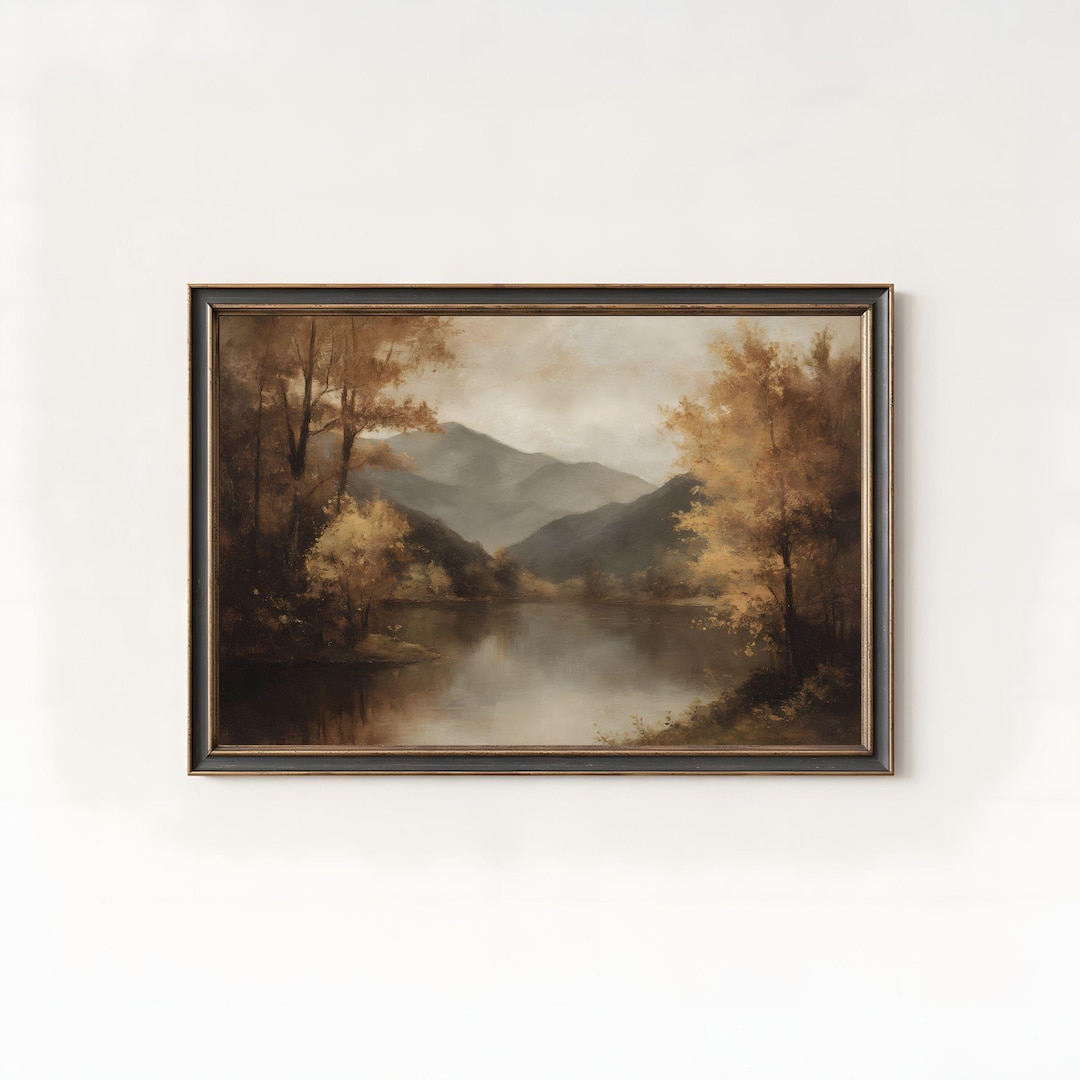Vintage Autumn Landscape Oil Painting, Rustic Moody Fall Wall Art ...