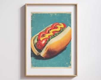 Lámina de arte pop vintage con diseño de perrito caliente: póster retro de comida, decoración de cocina (descarga digital)