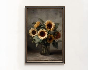 Vintage Sonnenblume Ölgemälde Druck, Blumen Stillleben, DRUCKBAR Digitale Kunst Download