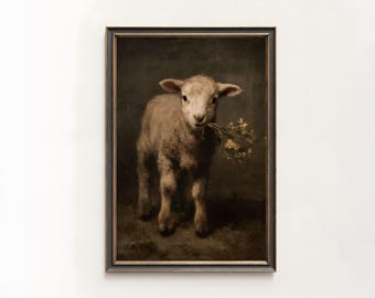 Baby Lamb Vintage Oil Painting, Rustic Cottagecore Farmhouse Wall Art, PRINTABLE Digital Art Download