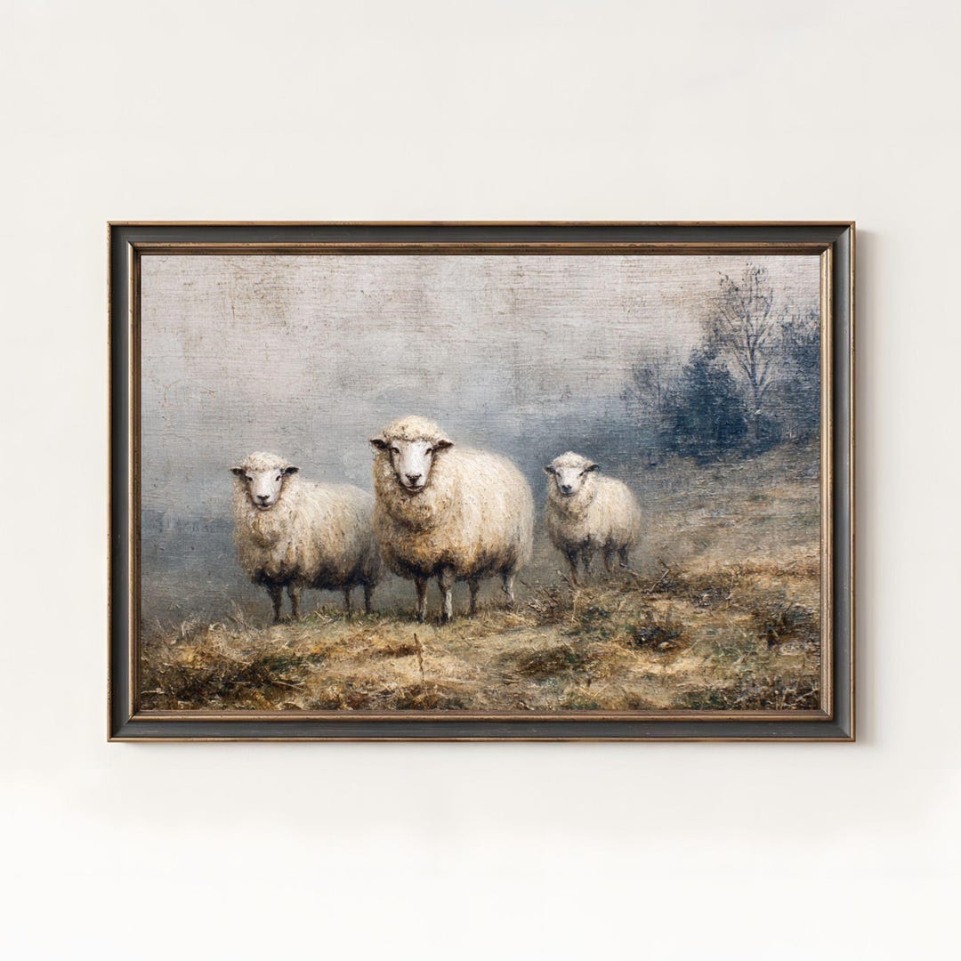 Vintage Sheep Portrait Oil Painting, Rustic Farmhouse Wall Art (digital ...