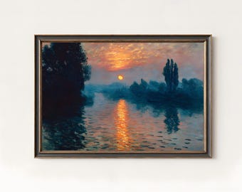 クロード・モネの風景画、ラヴァクールのセーヌ川に沈む夕日の絵画