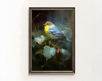 Vintage Vogel auf einem Ast Ölgemälde, Tier Wandkunst, DRUCKBARE digitale Kunst Download