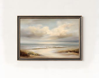 Vintage Coastal Seascape Oil Painting, Rustic Neutral Beach Wall Art, PRINTABLE Digital Art Download