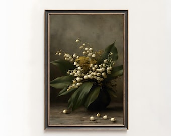 Dark Moody Lily of the Valley Still Life Painting, Botanical Floral Art (Digital Download)