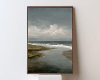 Vintage Coastal Landscape Oil Painting, Rustic Moody Seascape Wall Art, PRINTABLE Digital Art Download