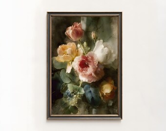 Vintage Floral Wall Art Print, Moody Peony Botanical Painting, PRINTABLE Digital Art Download