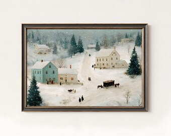 May include: Framed winter landscape painting depicting a snow-covered village scene. The artwork features houses, trees, and figures on a snowy road. The color palette includes white, blue, and brown tones, creating a serene, vintage aesthetic.