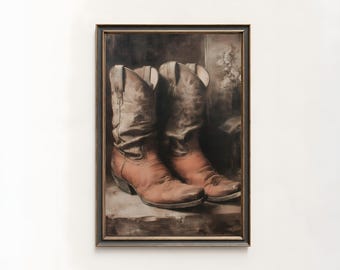 Cowboy Boots Painting, Vintage Western Still Life Wall Art, PRINTABLE Digital Art Download