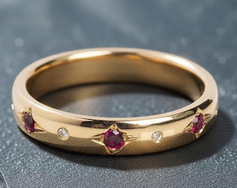 Gold Ruby Diamond Band, 14K Gold Eternity Ring, Dainty Ruby Wedding Band, Minimalist Stackable Ring, July Birthstone Jewelry Gift