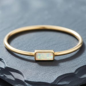 Baguette Cut Opal Solitaire Wedding Ring, Art Deco Stackable Band Ring,  October Birthstone Gift
