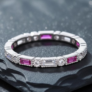 925 Sterling Silver Baguette Ruby, Aquamarine & Diamond Full Eternity Band Stackable Rings Anniversary Gift