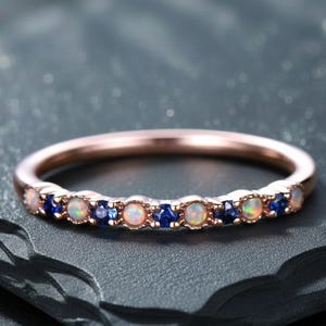 Vintage Opal Sapphire Wedding Band Sterling Silver Half Eternity Birthstone Ring Bridal Promise Gifts