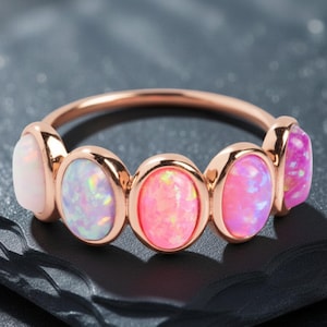 May include: A rose gold ring featuring five oval-shaped opals in shades of pink and white. The opals are set in individual bezels, creating a continuous band of color. The ring is displayed on a dark, textured surface.