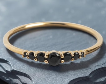 Minimalist Black Diamond Ring, 7 Stone Dainty Gold Jewelry  For Women, Black Gemstone Promise   Gift