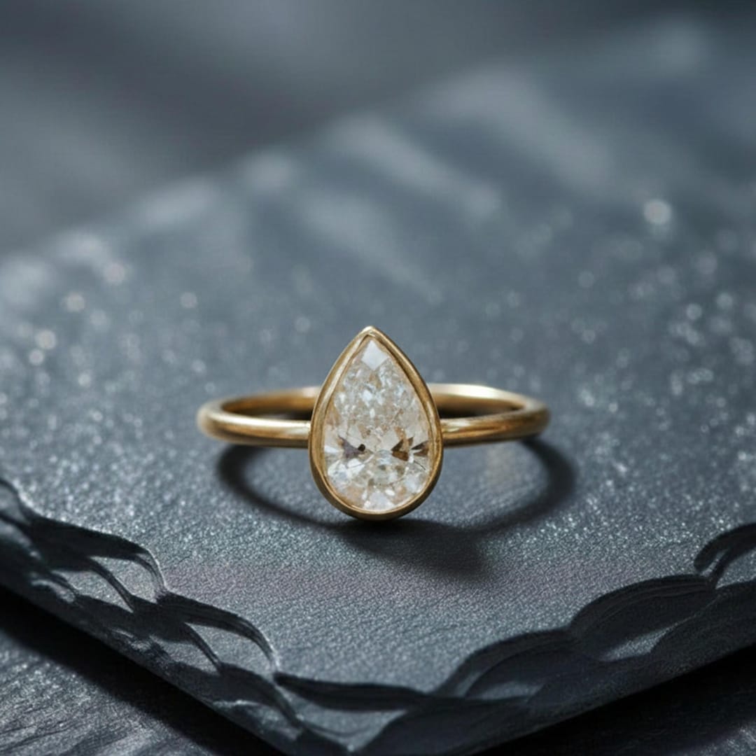 Dainty Pear Cut Diamond Ring 14K Gold Bezel Set Engagement Ring ...