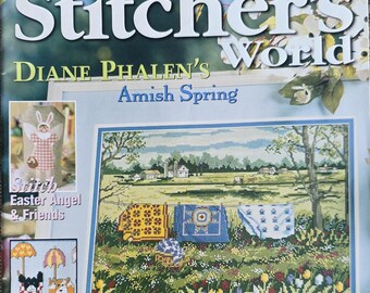 vintage Stitcher's World mars 2001 : échantillon de paysage printanier amish au point de croix Diane Phalen