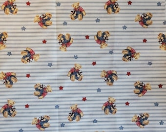 Cotton Fabric | BLUE JEAN Teddy BEAR | Ticking Toss | Striped | Nursery | Springs | Daisy Kingdom | Vintage Fabric | Quilter's Cotton | Bty