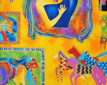 May include: Vibrant fabric featuring colorful horse illustrations on a yellow background. The artwork includes framed images and a central design with a figure embracing a horse. The horses are depicted in various colors and patterns.