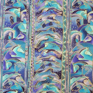 Cotton Fabric | Laurel Burch | MYTHICAL HORSES | BRIGHT | Blue Horses Columns | Rare | Oop | Clothworks | Quilting | Cotton | By The Yard