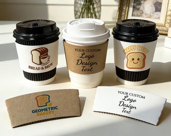 Custom Coffee Cup Sleeves & Cups, White or Recycled Natural Brown Kraft, 8oz/12oz, Personalized for Café, Wedding, Birthday, Gifts