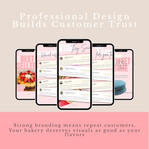 Editable Cottage Bakery Business Templates: Cake Order Form, Invoice, Scan To Pay Sign, Price List, Cookie Care Card, Social Media Marketing
