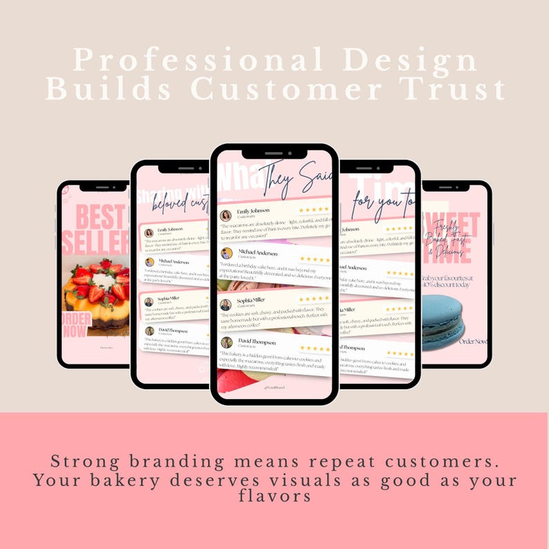 Editable Cottage Bakery Business Templates: Cake Order Form, Invoice, Scan To Pay Sign, Price List, Cookie Care Card, Social Media Marketing