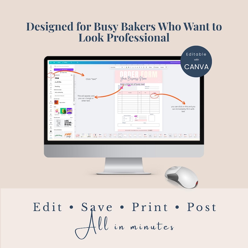 Editable Cottage Bakery Business Templates: Cake Order Form, Invoice, Scan To Pay Sign, Price List, Cookie Care Card, Social Media Marketing