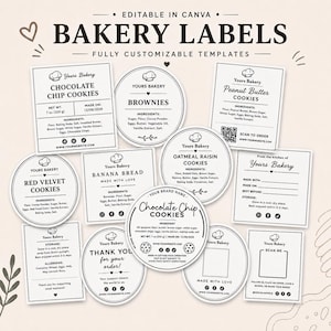 Peut inclure: Une collection d'étiquettes de boulangerie modifiables avec du texte noir sur fond blanc. Les modèles incluent diverses formes comme des cercles et des rectangles, affichant du texte tel que Yours Bakery, Chocolate Chip Cookies, Brownies et Peanut Butter Cookies, ainsi que des listes d'ingrédients, des icônes de réseaux sociaux et des codes QR.
