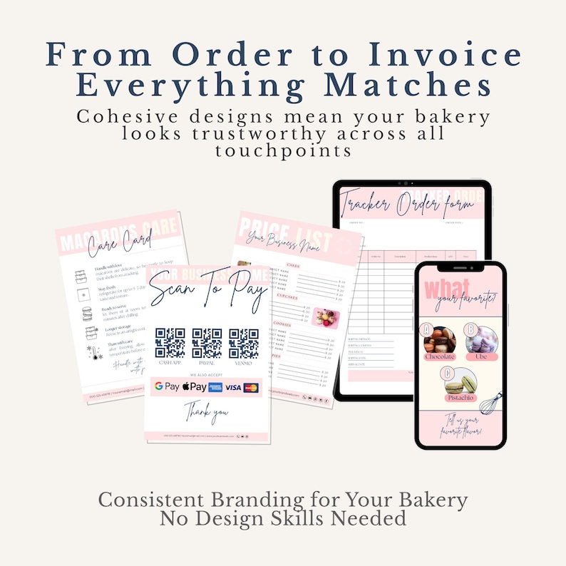 Editable Cottage Bakery Business Templates: Cake Order Form, Invoice, Scan To Pay Sign, Price List, Cookie Care Card, Social Media Marketing