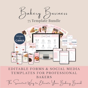 Editable Cottage Bakery Business Templates: Cake Order Form, Invoice, Scan To Pay Sign, Price List, Cookie Care Card, Social Media Marketing