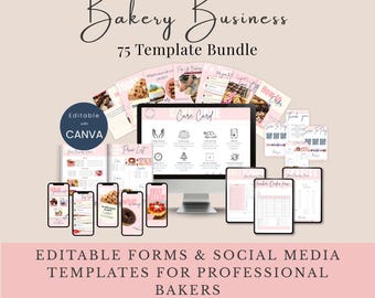 Pode incluir: Um conjunto de modelos digitais rosa e branco para um negócio de padaria, incluindo formulários, modelos de mídia social e um cartão de cuidados. O texto na imagem diz "Bakery Business 75 Template Bundle" e "Editable with Canva."