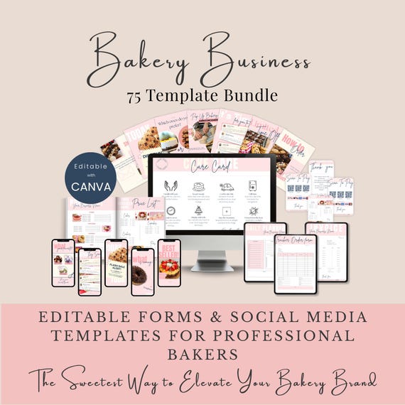Bakery Business Templates Canva - Editable Bakery Templates Bundle - Cake Order Form, Price List, Invoice, Bakery Branding Kit