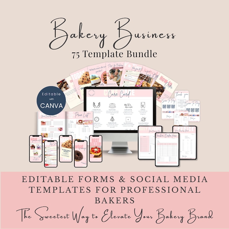 Editable Cottage Bakery Business Templates: Cake Order Form, Invoice, Scan To Pay Sign, Price List, Cookie Care Card, Social Media Marketing