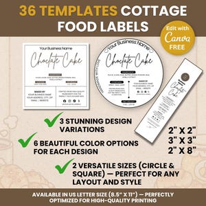 May include: Food label templates with the text "Chocolate Cake" in various shapes and sizes. The labels include ingredient lists, business information, and design variations. Available in US letter size (8.5" x 11") for high-quality printing.