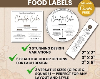 May include: Food label templates with the text "Chocolate Cake" in various shapes and sizes. The labels include ingredient lists, business information, and design variations. Available in US letter size (8.5" x 11") for high-quality printing.