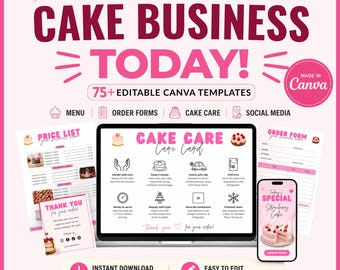 Editable Cake Business Templates Bundle, Home Bakery Business Templates Bundle, Cake Care Cards, Cake Cutting Guide, Cake Care Instruction