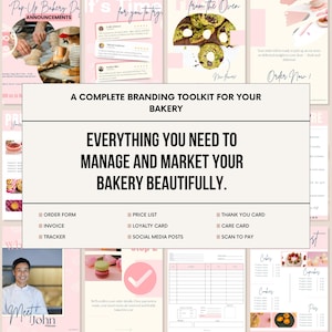 Editable Cottage Bakery Business Templates: Cake Order Form, Invoice, Scan To Pay Sign, Price List, Cookie Care Card, Social Media Marketing