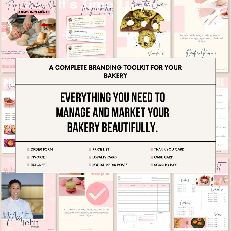Editable Cottage Bakery Business Templates: Cake Order Form, Invoice, Scan To Pay Sign, Price List, Cookie Care Card, Social Media Marketing