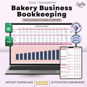 Op de afbeelding: Een laptop en tablet tonen een roze en witte spreadsheet met de titel "Bakery Business Bookkeeping". De spreadsheet bevat maandelijkse rapporten, inkomsten en uitgaven. De afbeelding bevat ook pictogrammen voor Excel, Google Sheets en een geautomatiseerd dashboard.