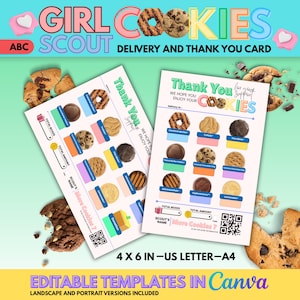以下が含まれることがあります： ガールスカウトクッキーの配達とサンキューカードのテンプレート。さまざまな種類のクッキーのデザインで、注文の詳細を記載するスペースがあります。カードには「ありがとう」と「クッキーをお楽しみください」というテキストが含まれています。テンプレートは10 x 15 cmです。