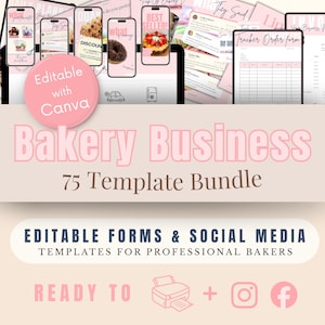 Editable Bakery Business Canva Template | Invoice, QR Code Sign, Cake Order Form, Price List, Daily Planner & Social Media Templates