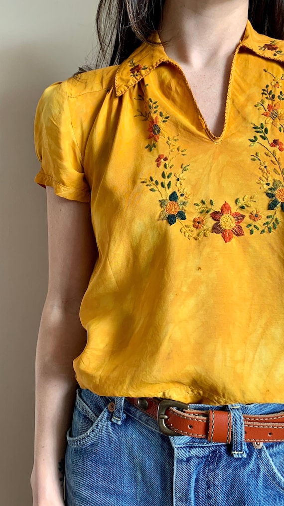 1930s Marigold Silk Hungarian Embroidered Blouse … - image 5