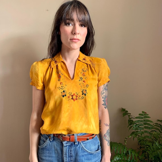1930s Marigold Silk Hungarian Embroidered Blouse … - image 1