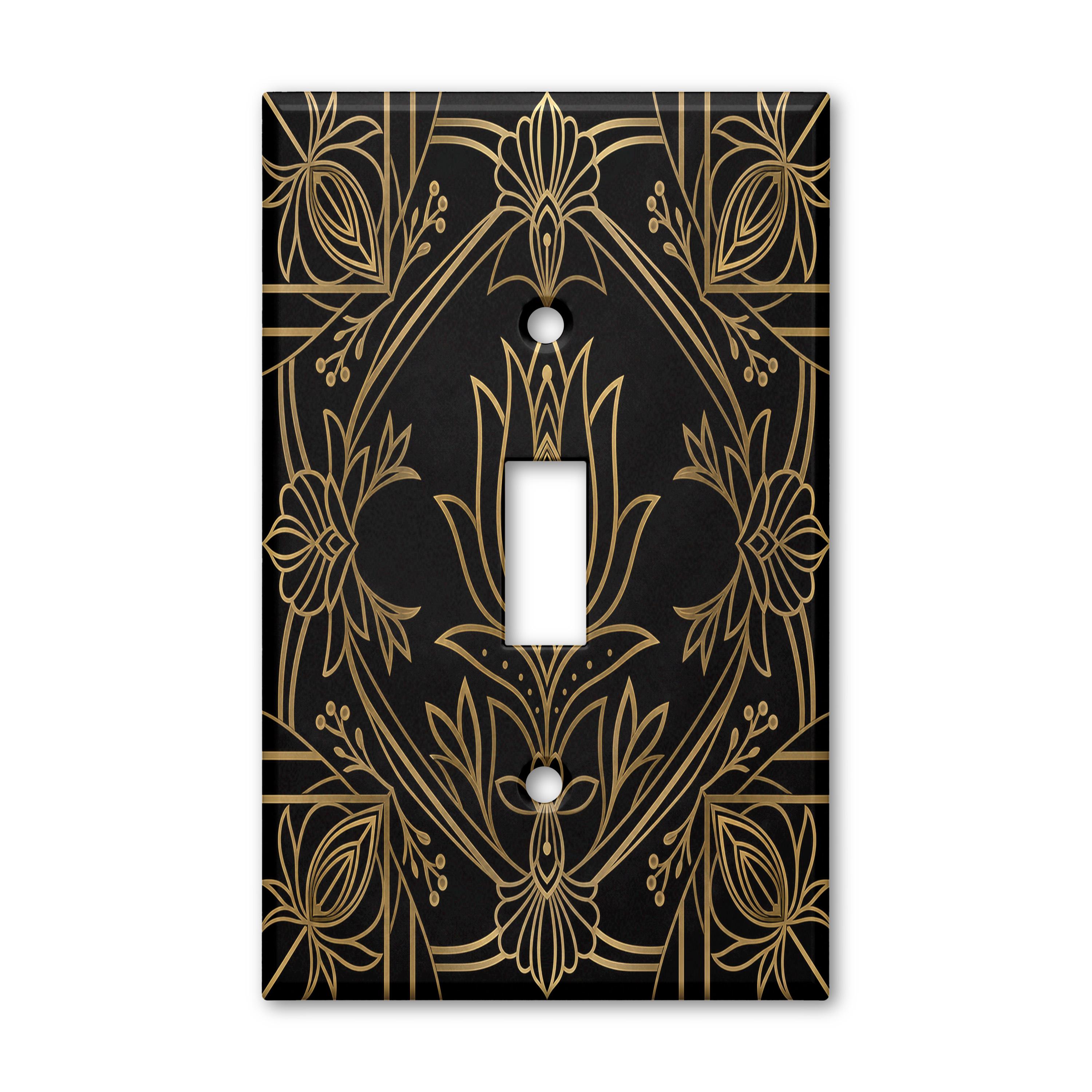 Black Gold Floral Outline Light Switch Plate Cover Botanical Toggle Outlet GFCI