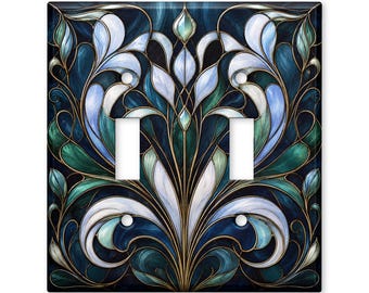 Art Nouveau Floral Light Switch Cover, Blue Green Botanical Switch Plate, Stained Glass Style Wall Plate, Elegant Home Decor